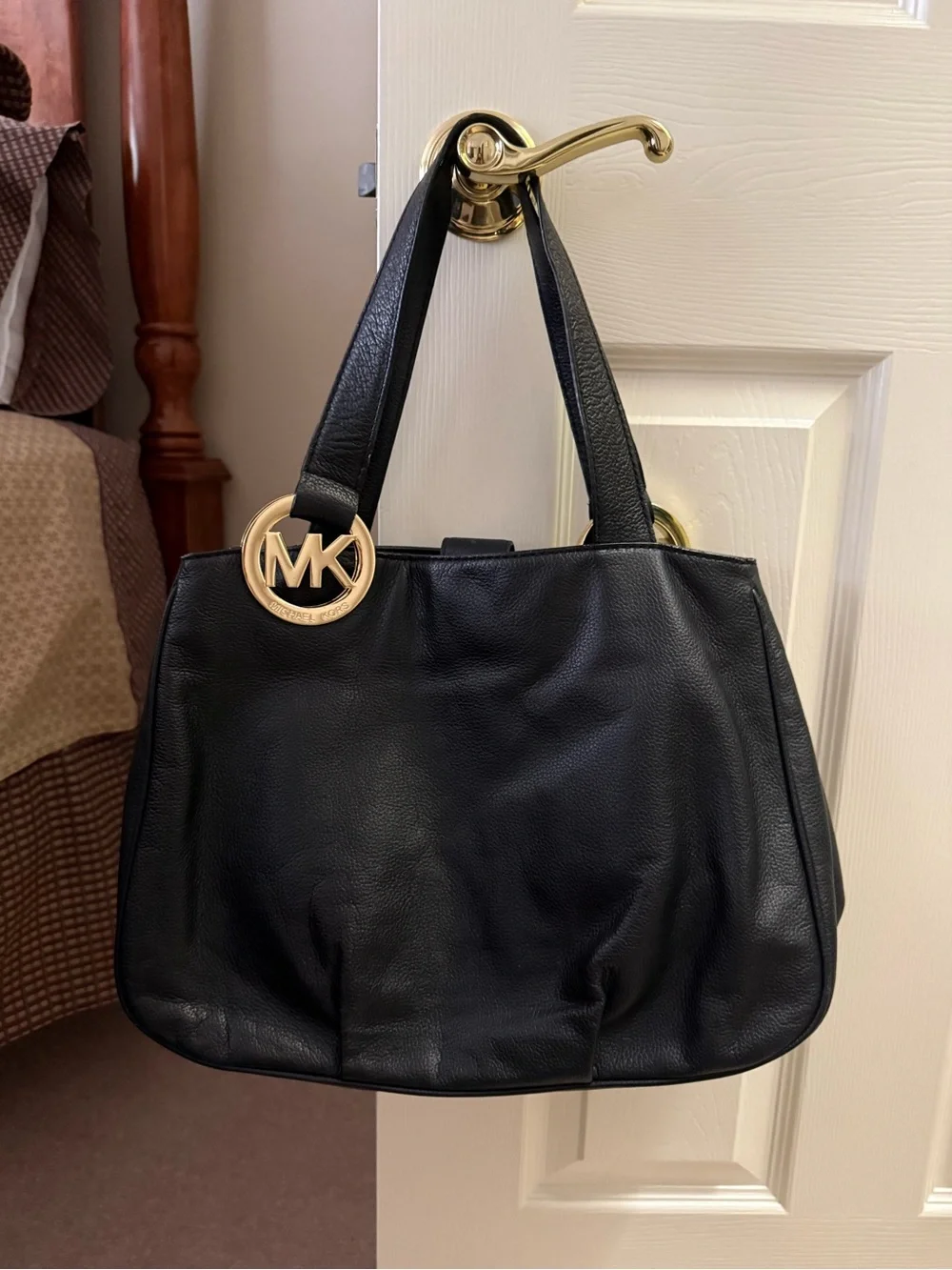 Michael Kors Black Leather Shoulder Tote with Gold MK Charm